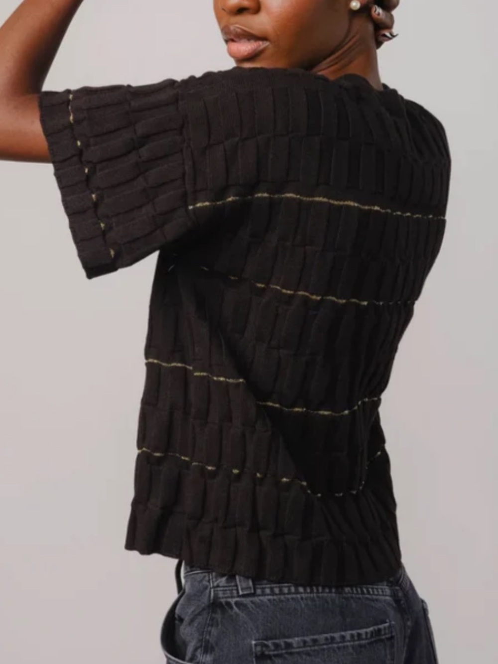 The Endery Black Gold Wiggle Stripe Knit Grid Tee M/L - Picture 3 of 8